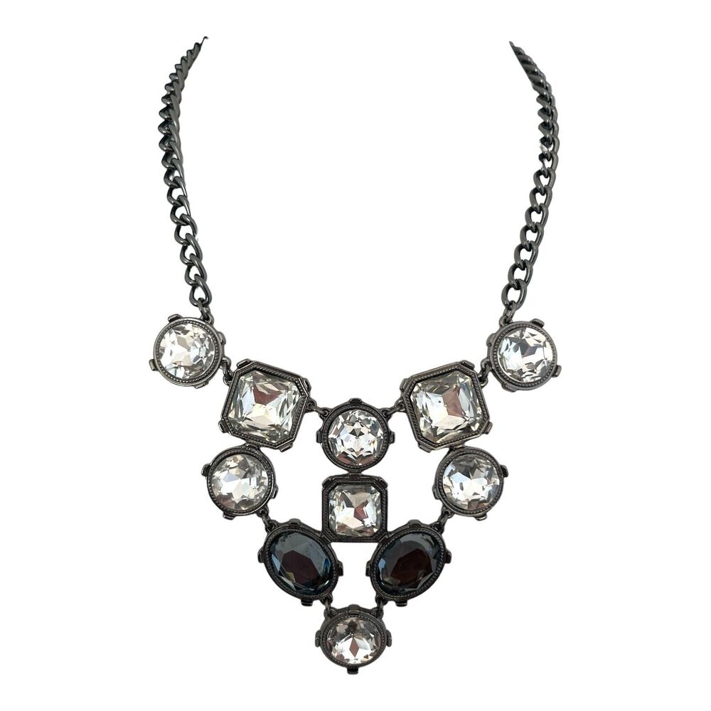 New Hematite Tone Bib Statement Necklace Clear & Smoke Faceted Crystals - 2R